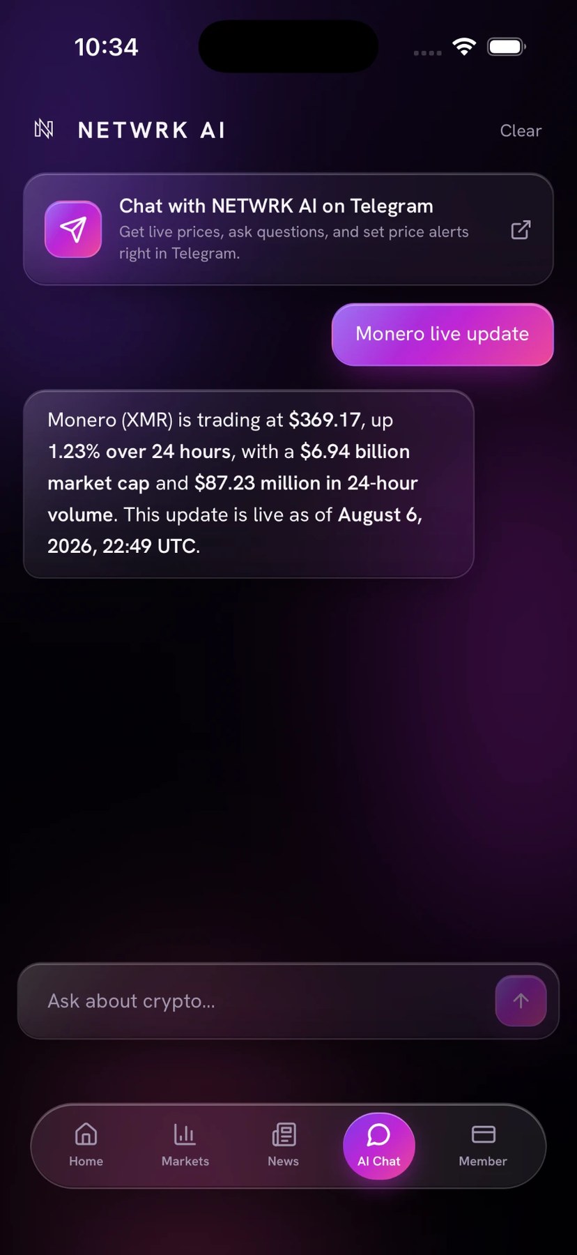 NETWRK AI chat with a live Monero price answer
